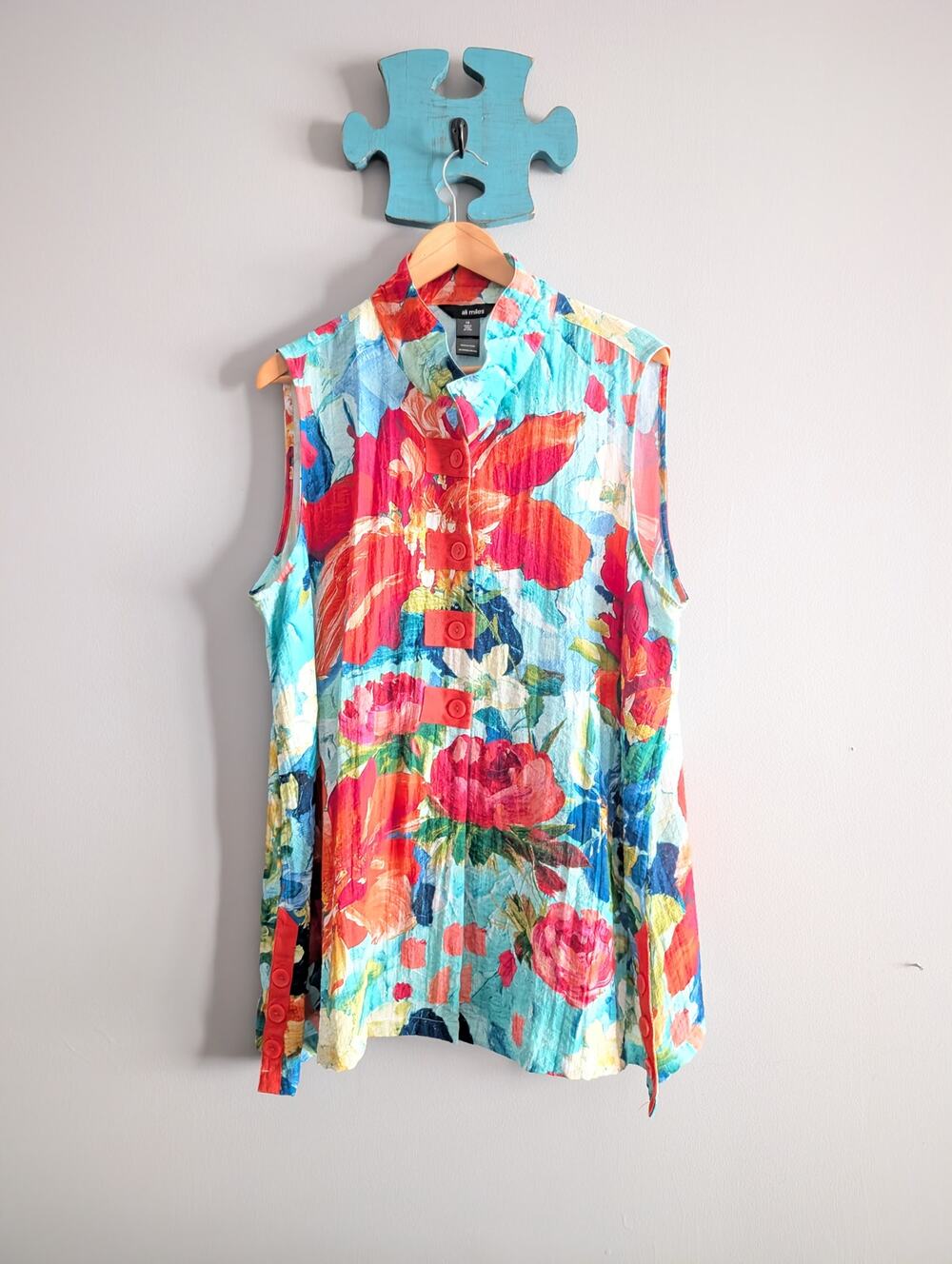 Ali Miles 1X Floral Sleeveless Tunic Top Convertible Collar Pockets Lagenlook